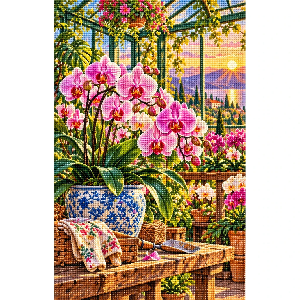 Orchid Greenhouse Golden Hour — finished diamond painting on a white background