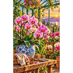 Orchid Greenhouse Golden Hour — finished diamond painting on a white background