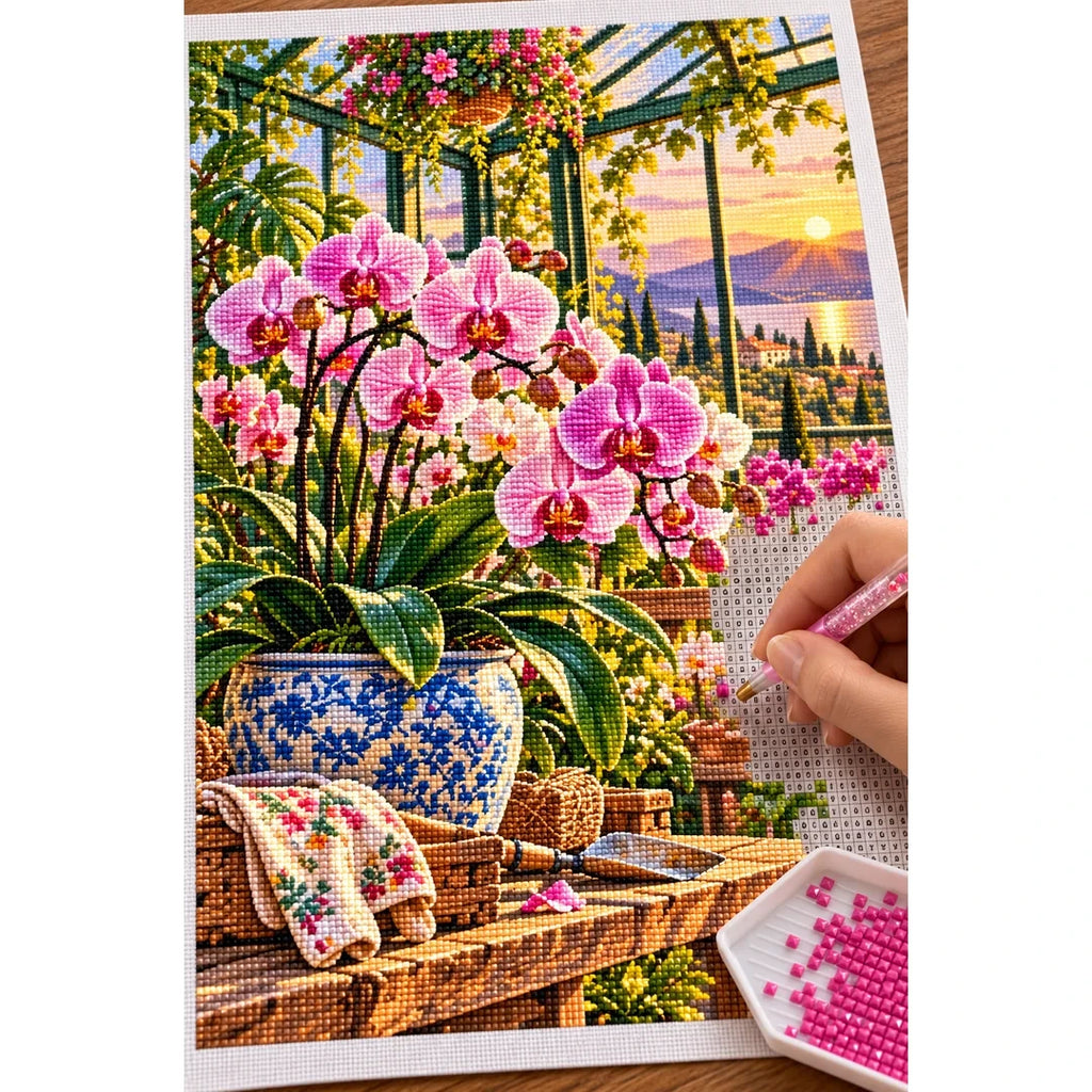 Orchid Greenhouse Golden Hour — diamond painting process with applicator pen