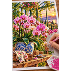 Orchid Greenhouse Golden Hour — diamond painting process with applicator pen