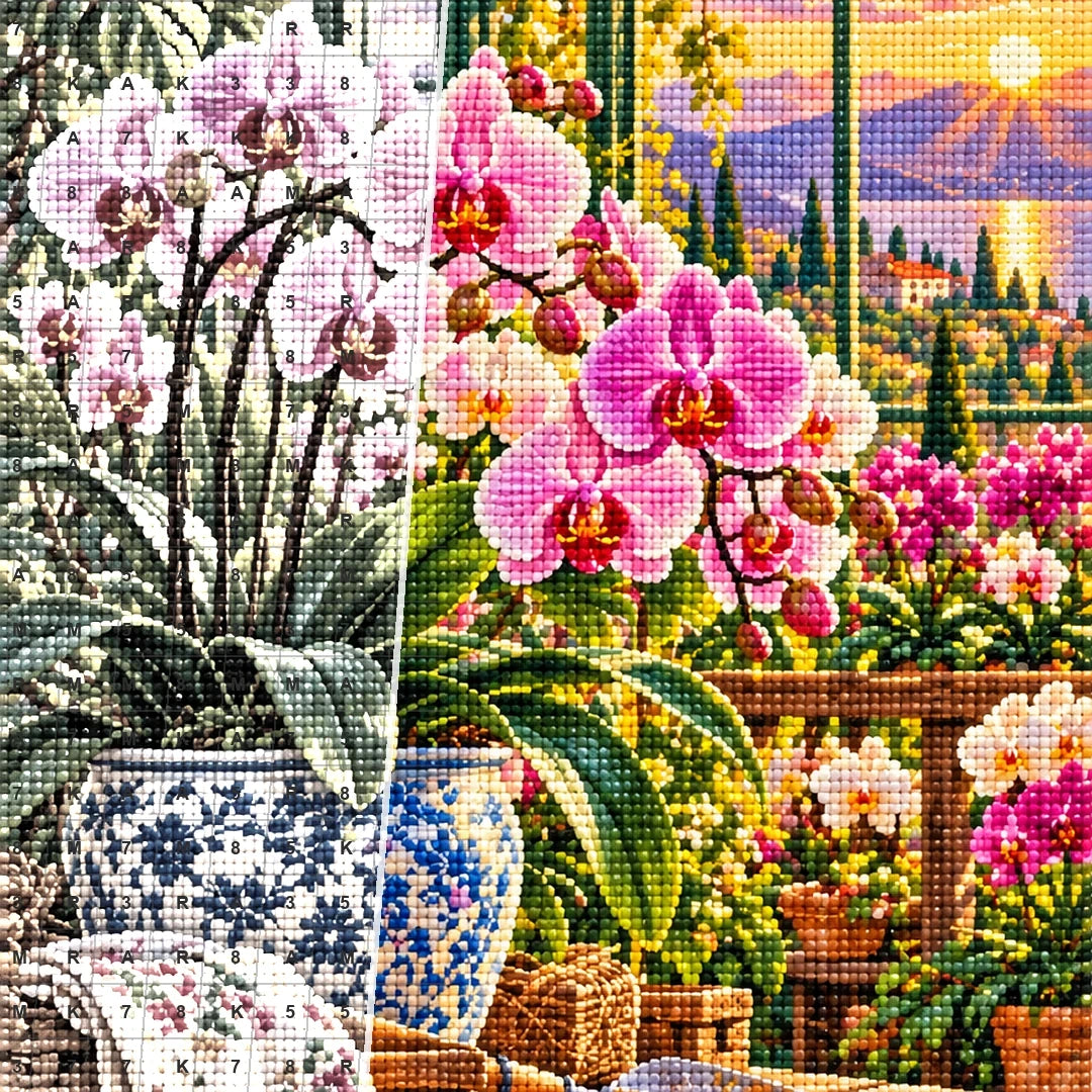 Orchid Greenhouse Golden Hour — close-up canvas and resin drill detail