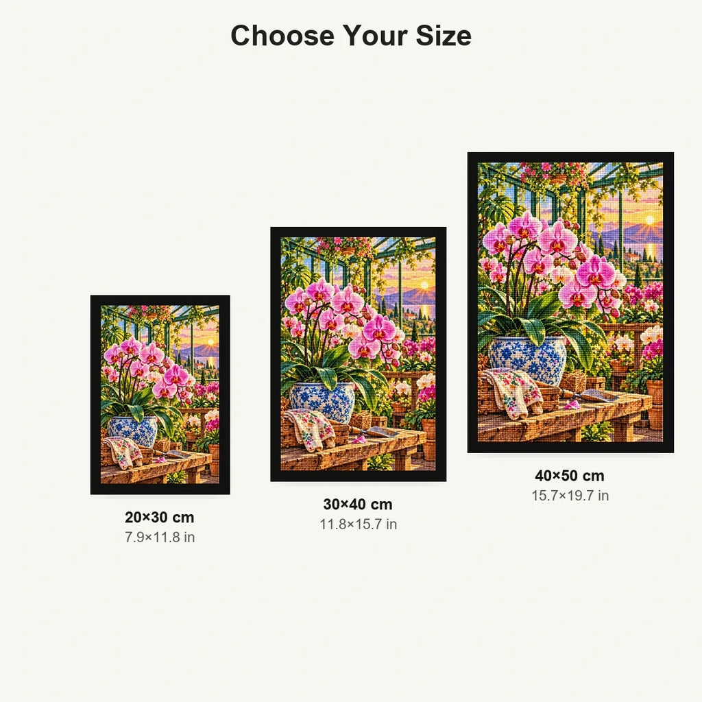 Orchid Greenhouse Golden Hour — size comparison for 20 × 30, 30 × 40 and 40 × 50 cm