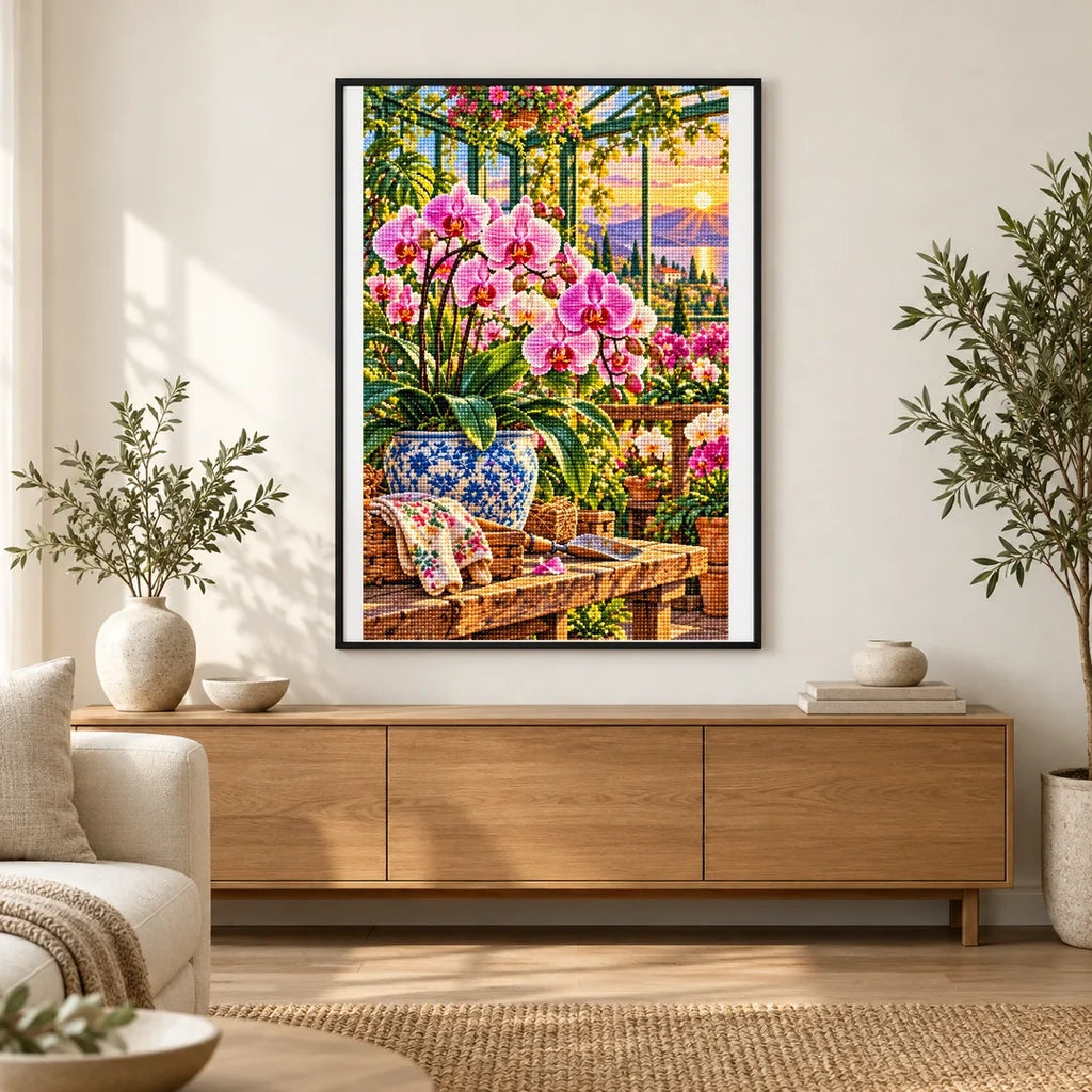 Orchid Greenhouse Golden Hour — finished diamond painting displayed in a home interior