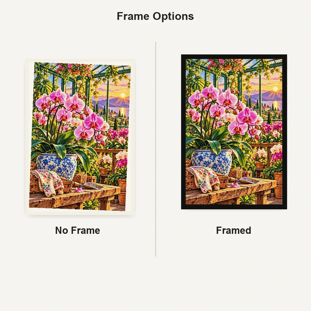 Orchid Greenhouse Golden Hour — No Frame and Framed style comparison