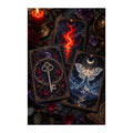 Original illustration of three ornate oracle cards with flame and celestial symbols, on a white background