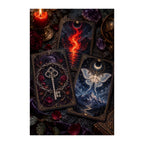 Original illustration of three ornate oracle cards with flame and celestial symbols, on a white background