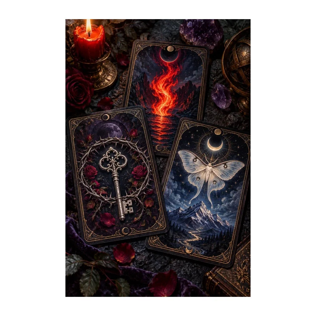 Original illustration of three ornate oracle cards with flame and celestial symbols, on a white background