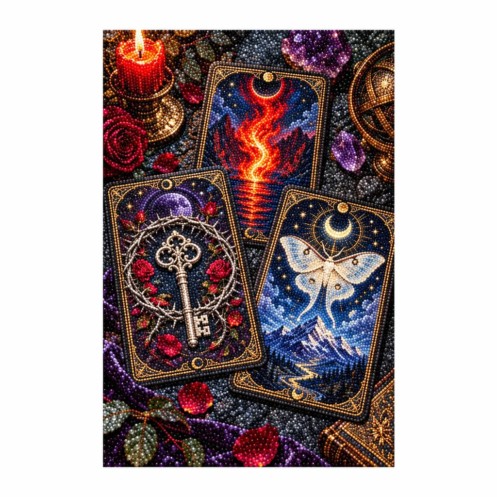 Finished diamond painting of three mystical oracle cards with flame and moon symbols
