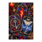 Finished diamond painting of three mystical oracle cards with flame and moon symbols