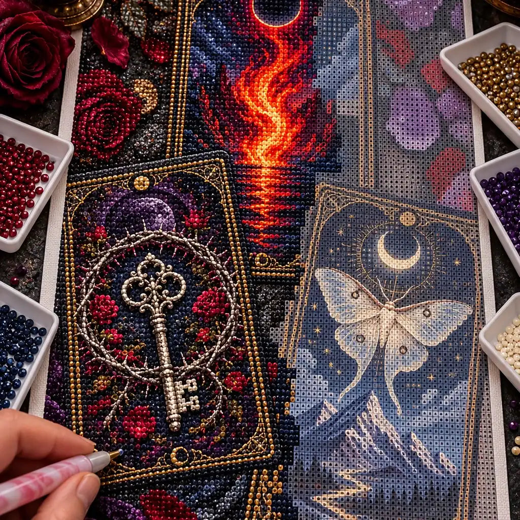 Hand placing diamond drills on the mystical oracle cards canvas