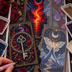 Hand placing diamond drills on the mystical oracle cards canvas