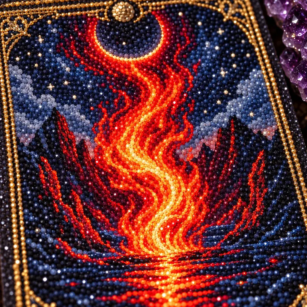 Close-up of diamond drills forming the flame and celestial oracle card details
