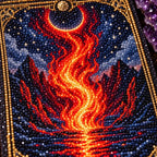 Close-up of diamond drills forming the flame and celestial oracle card details