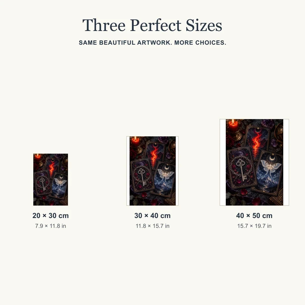Portrait size guide for the mystical oracle cards design: 20 × 30, 30 × 40, and 40 × 50 cm