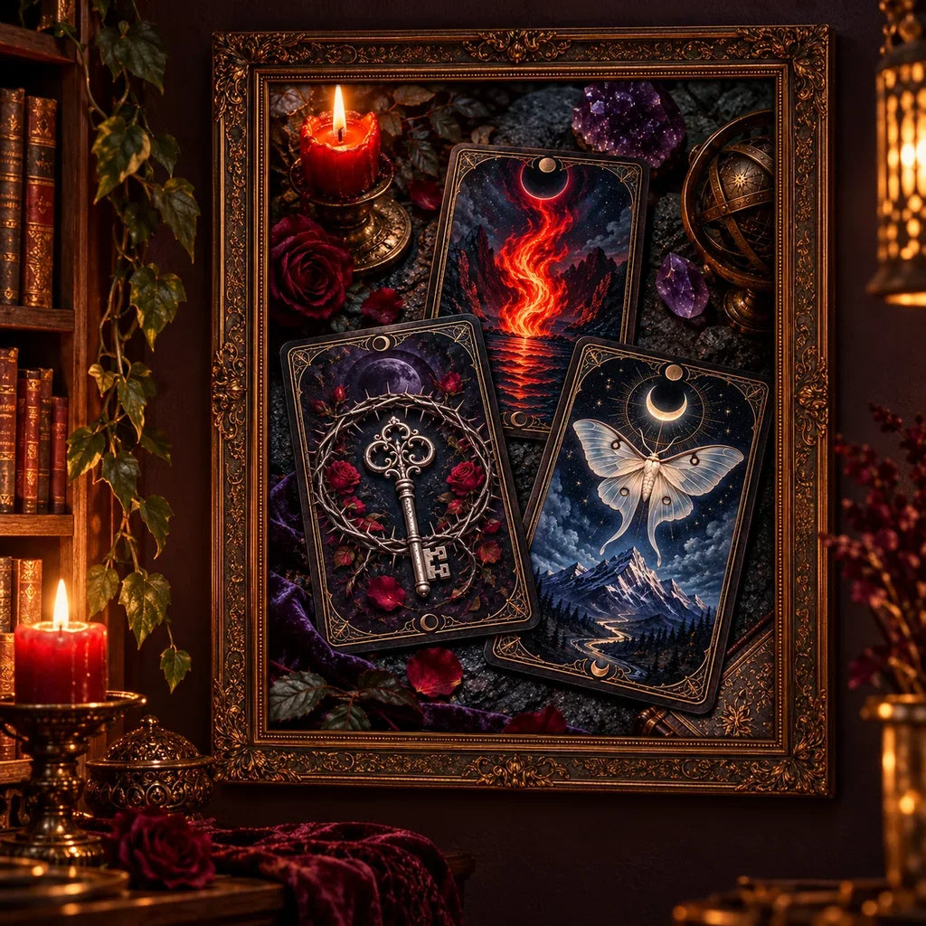 Framed mystical oracle cards diamond painting displayed in a candlelit room