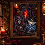 Framed mystical oracle cards diamond painting displayed in a candlelit room