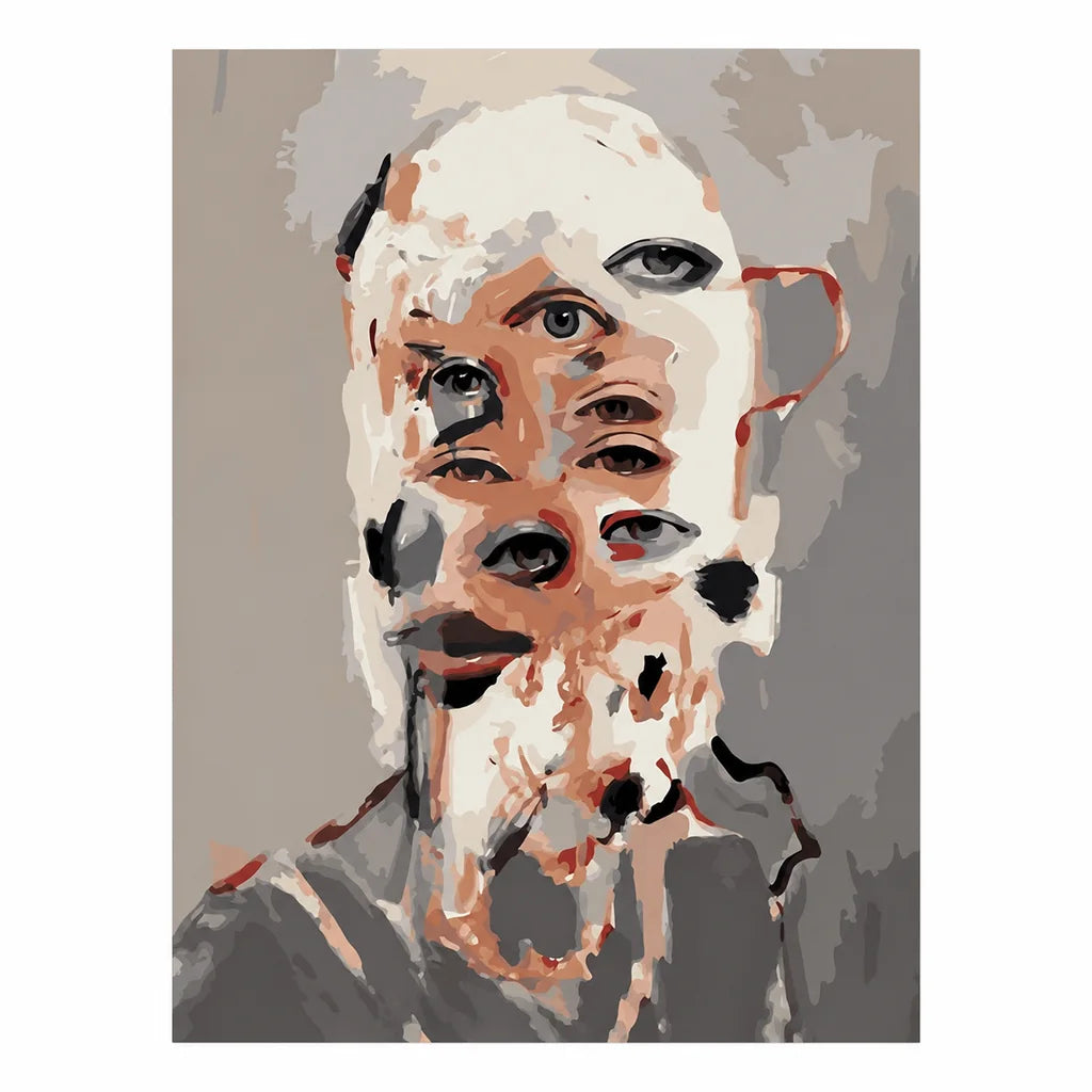 Original surreal cubist portrait combining overlapping human faces and a dog’s face in muted tones.