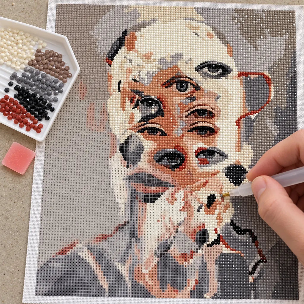 Hands applying diamond drills to a cubist portrait of overlapping human and dog faces.