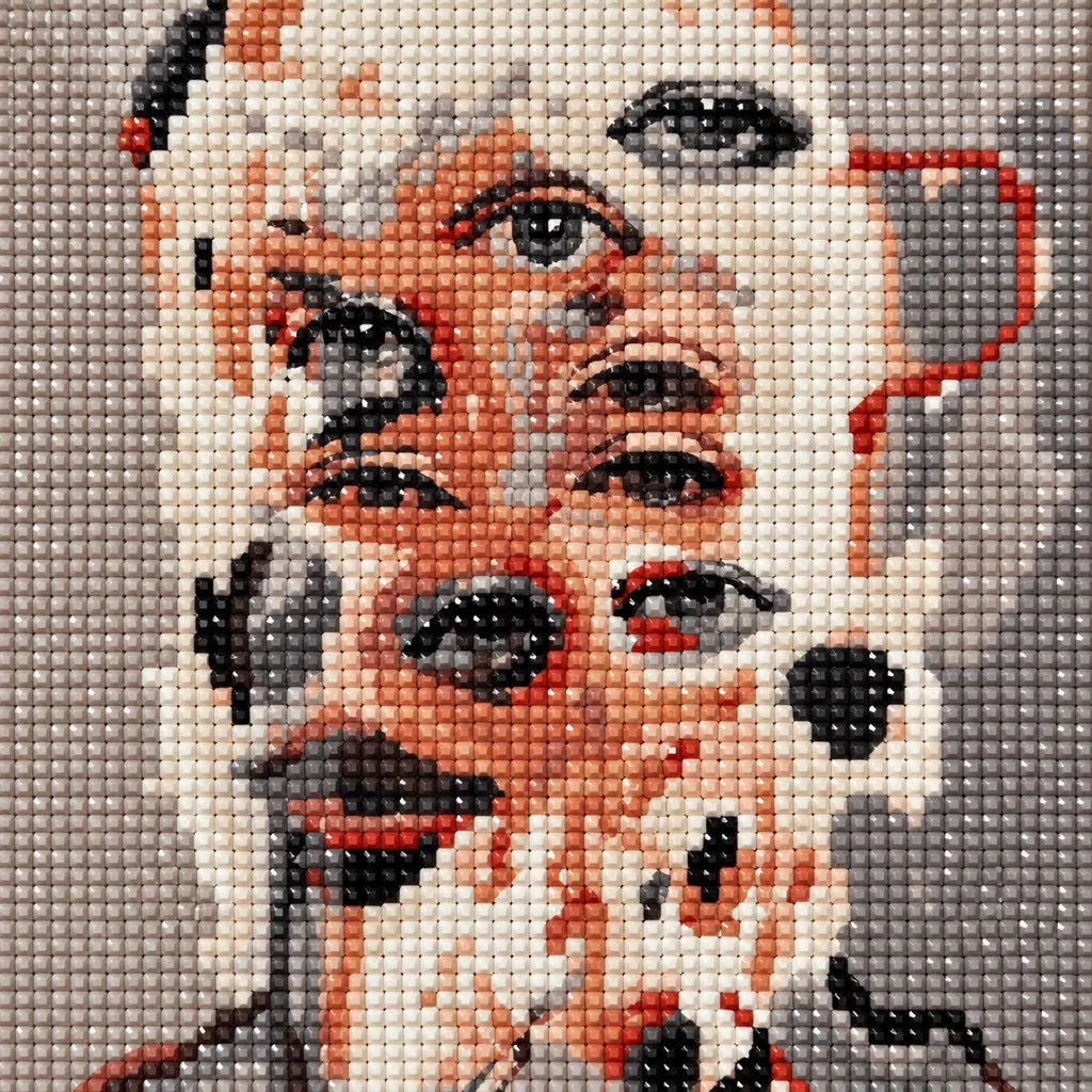 Close-up of diamond drills in the overlapping human and dog face design.
