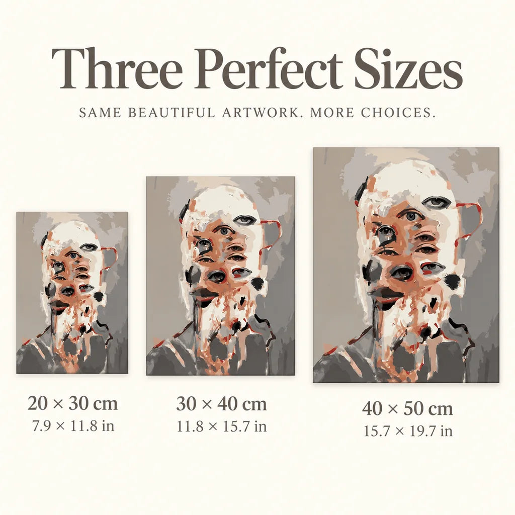 Size guide for Overlapping Human and Dog Faces Diamond Painting Kit: 20 × 30 cm, 30 × 40 cm, and 40 × 50 cm.