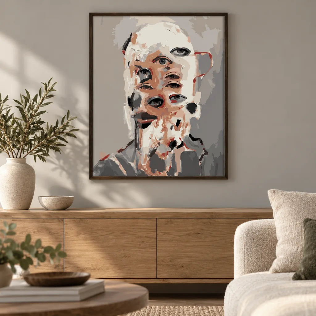 Framed overlapping human and dog faces diamond painting displayed in a home decor scene.