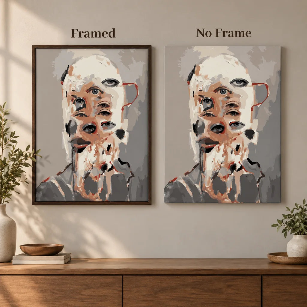 Framed and no-frame comparison for Overlapping Human and Dog Faces Diamond Painting Kit.