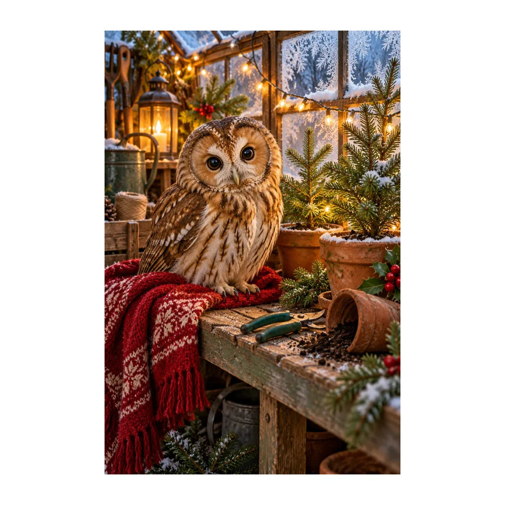 White-background original artwork of owl at a lit potting bench