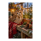 White-background finished diamond painting of owl at a lit potting bench