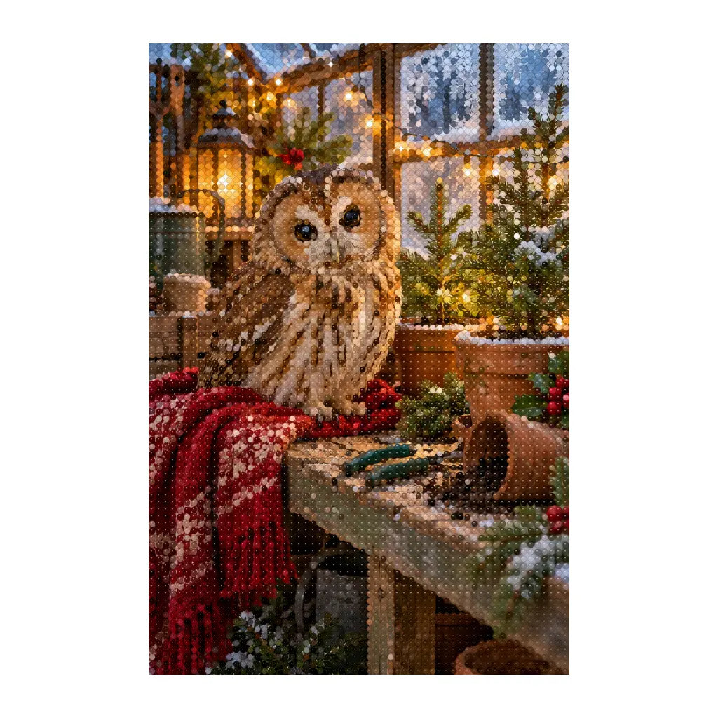 White-background finished diamond painting of owl at a lit potting bench