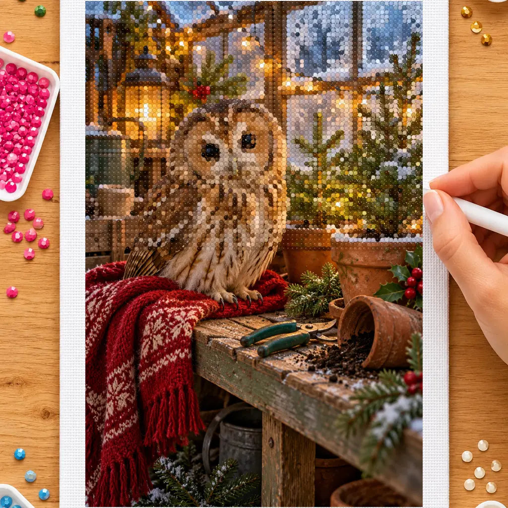Hands placing drills on the owl at a lit potting bench diamond painting canvas