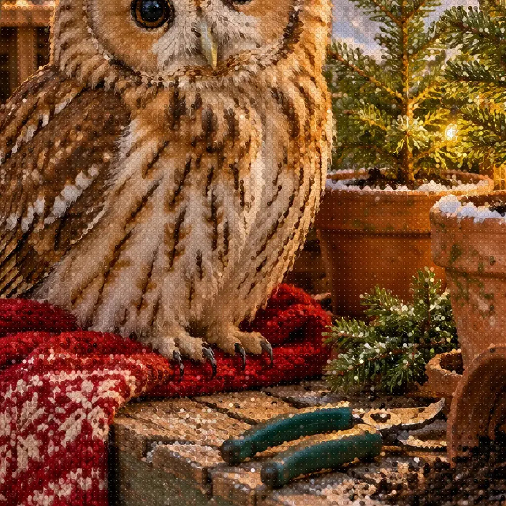 Close-up diamond detail of the owl at a lit potting bench diamond painting