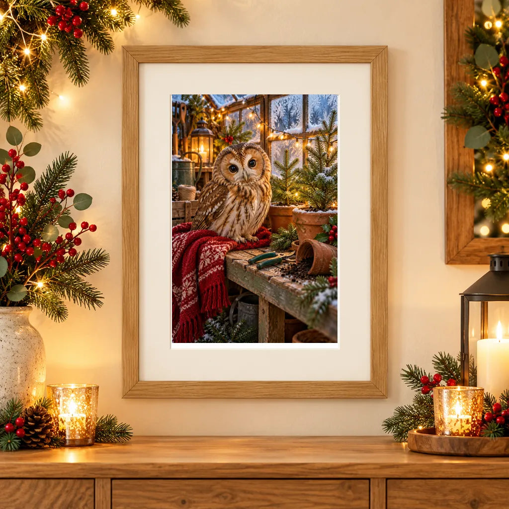 Framed home display of the owl at a lit potting bench diamond painting