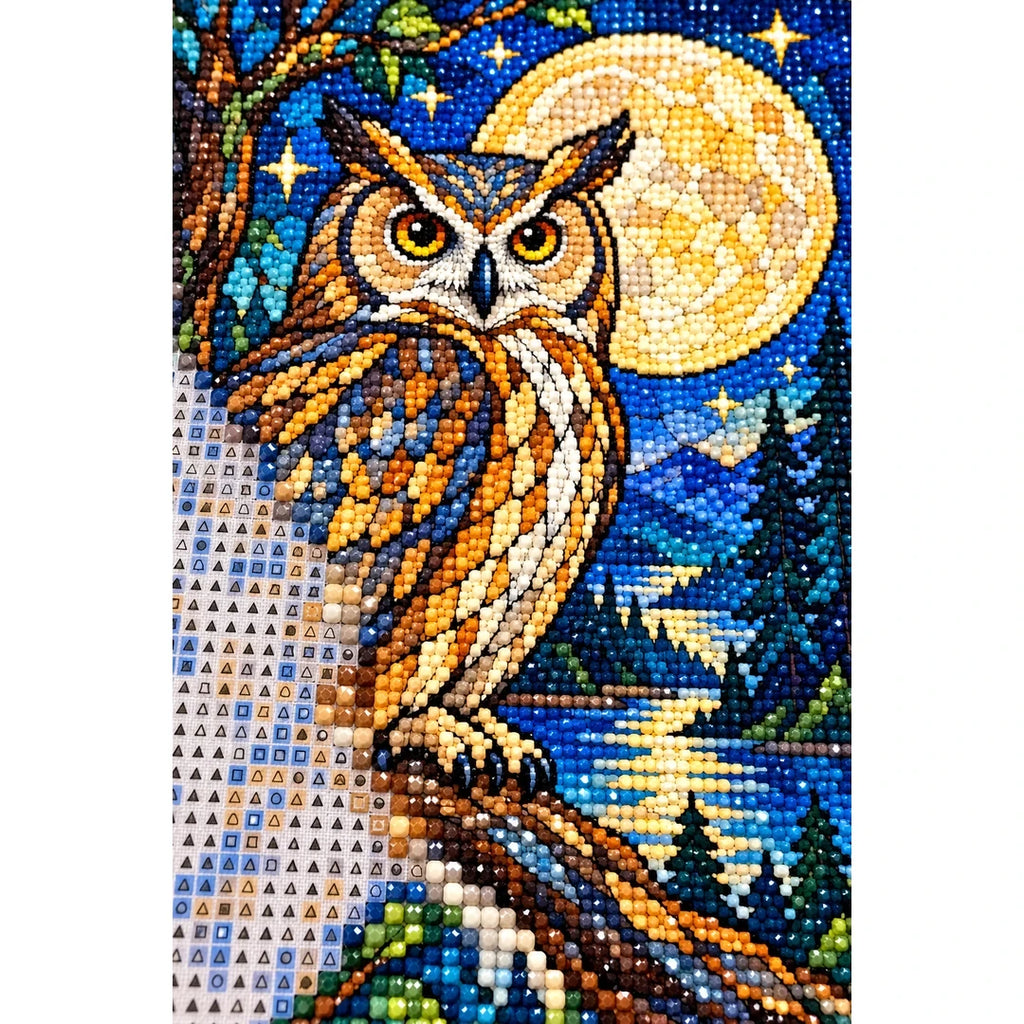 Owl Full Moon Forest Diamond Painting Kit — canvas and drill material detail