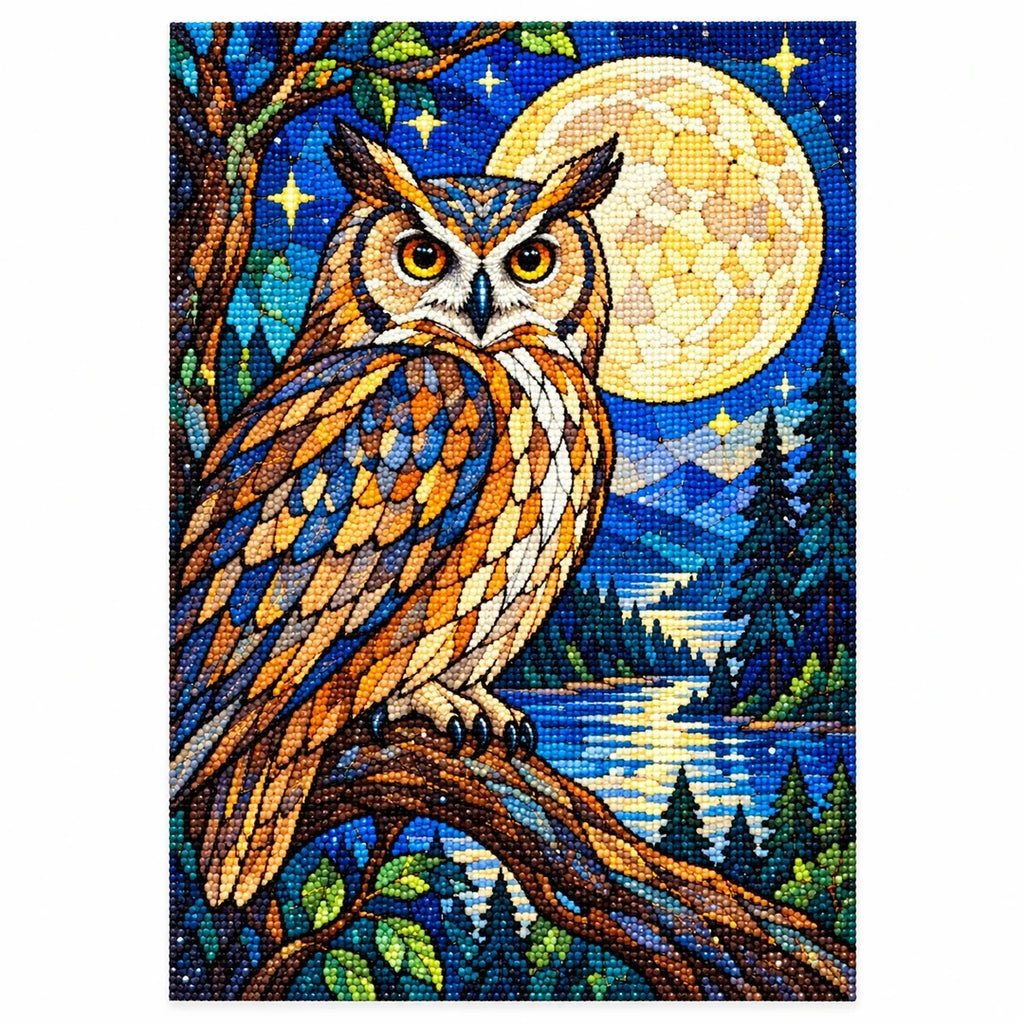 Owl Full Moon Forest Diamond Painting Kit — finished diamond painting on white background