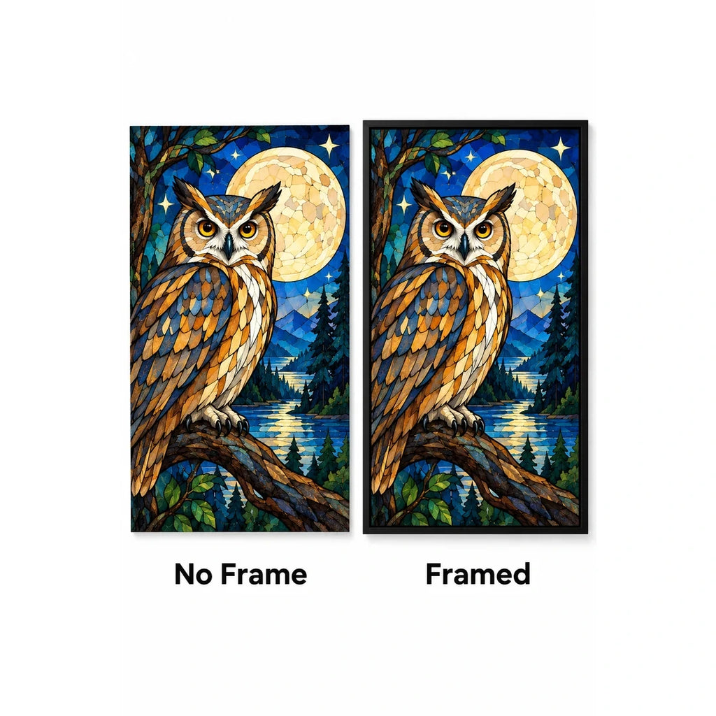 Owl Full Moon Forest Diamond Painting Kit — No Frame and Framed style comparison