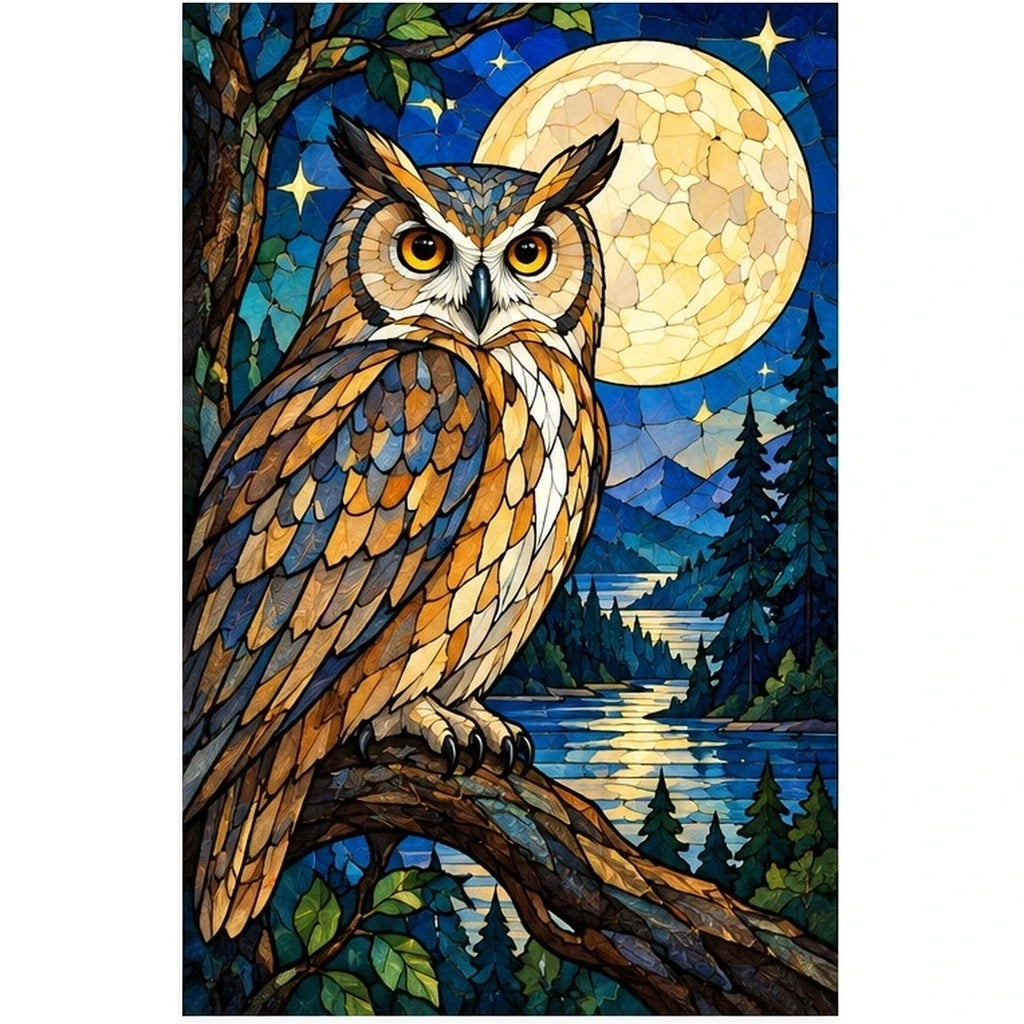 Owl Full Moon Forest Diamond Painting Kit — original white-background artwork
