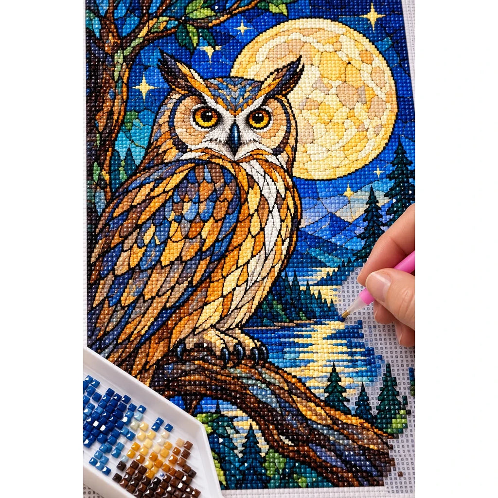 Owl Full Moon Forest Diamond Painting Kit — diamond painting application process