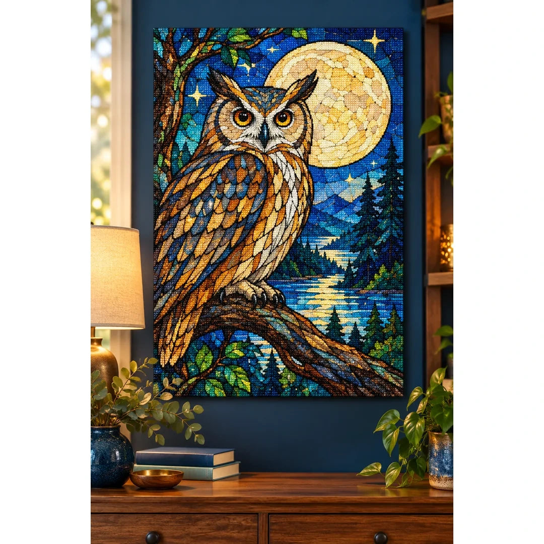 Owl Full Moon Forest Diamond Painting Kit — finished diamond painting in a home setting