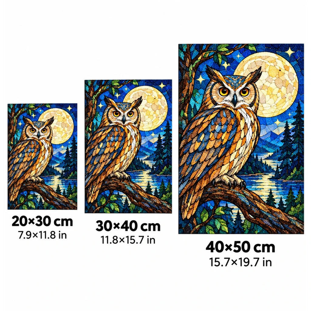 Owl Full Moon Forest Diamond Painting Kit — 20 by 30, 30 by 40, and 40 by 50 centimeter size guide