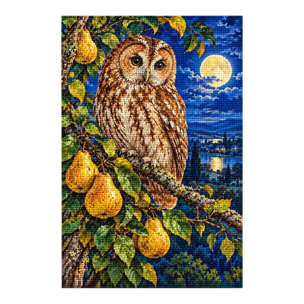 Owl with pears on a moonlit branch: finished diamond painting on a clean white background