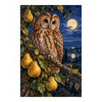 Owl with pears on a moonlit branch: original artwork on a clean white background