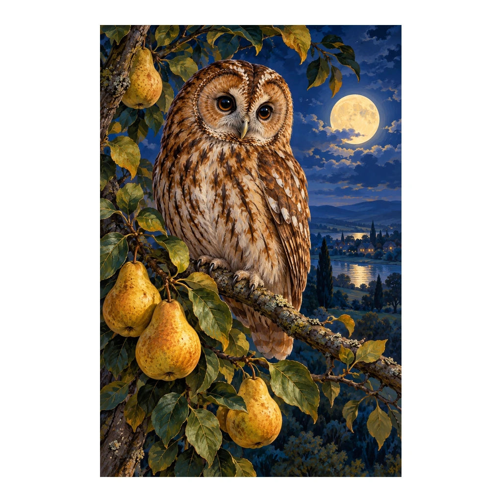 Owl with pears on a moonlit branch: original artwork on a clean white background