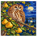 Owl with pears on a moonlit branch: finished diamond painting on a clean white background