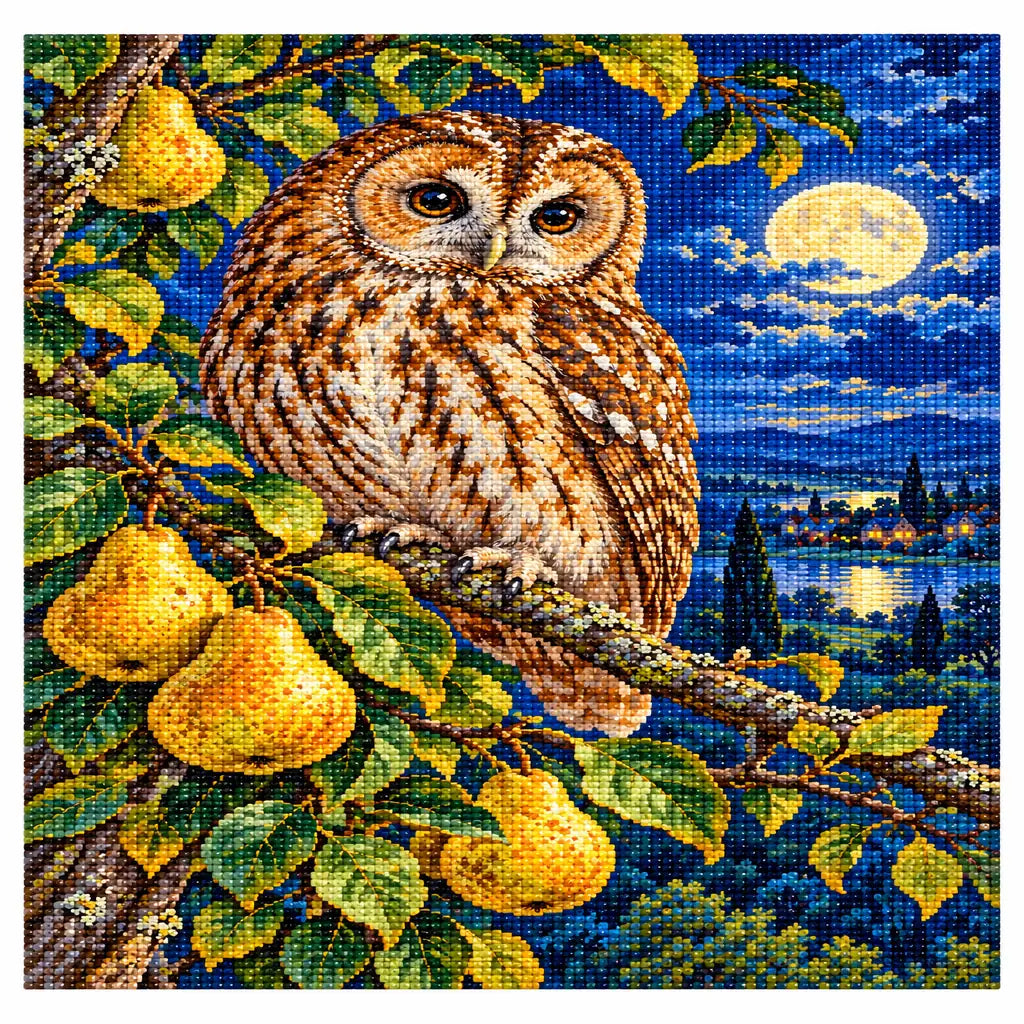 Owl with pears on a moonlit branch: finished diamond painting on a clean white background