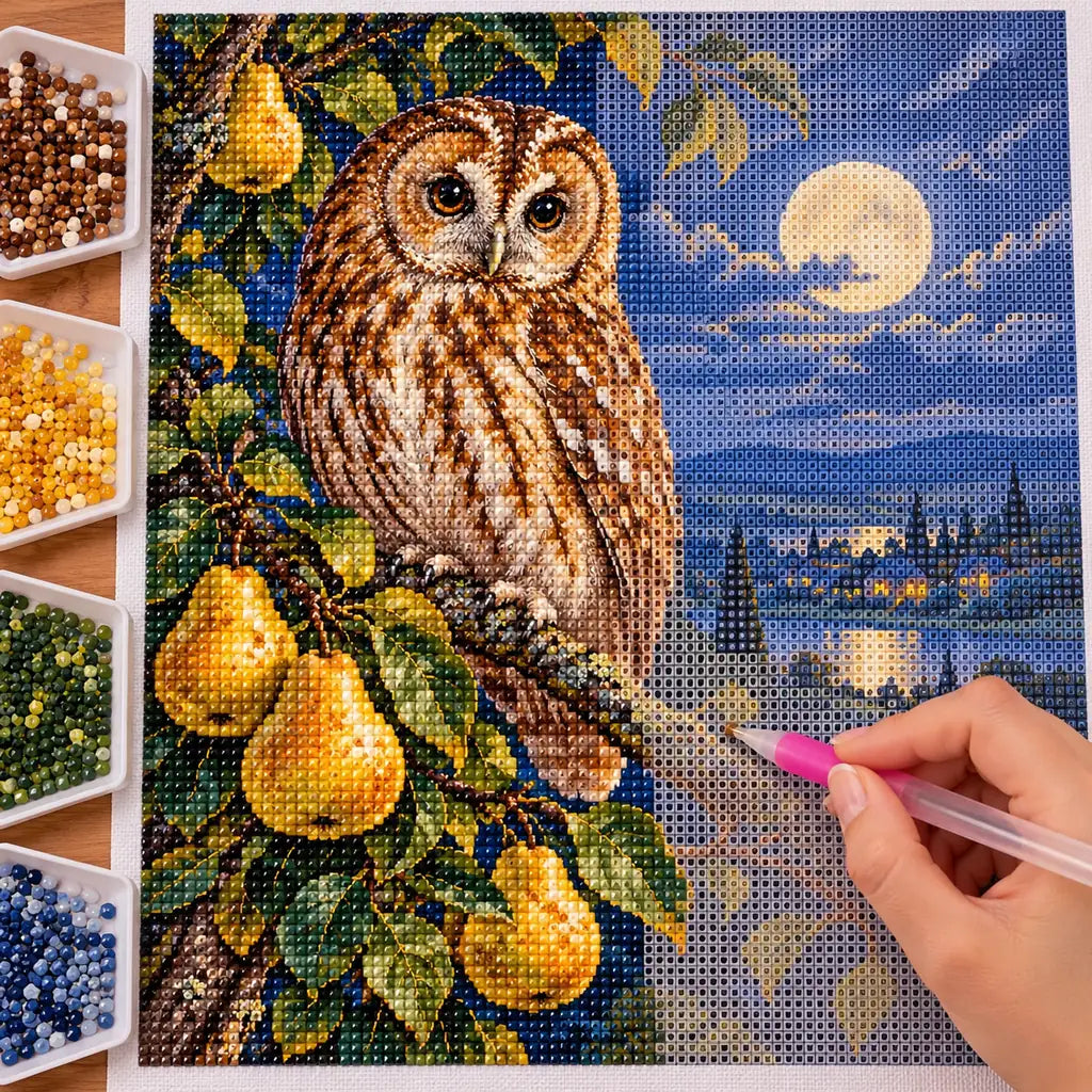 Owl with pears on a moonlit branch: diamond painting in progress with a pen