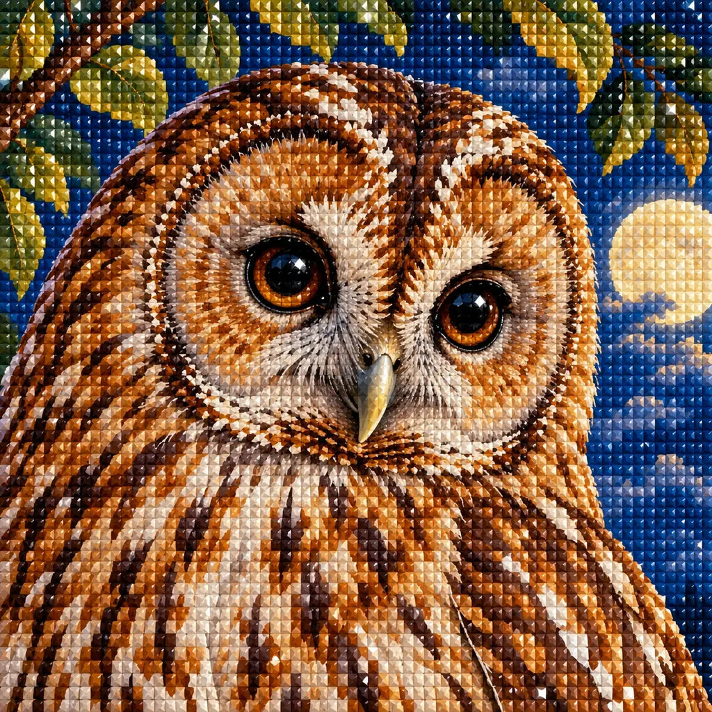 Owl with pears on a moonlit branch: close-up of the diamond drills