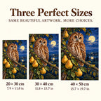 Owl with pears on a moonlit branch: three available canvas sizes