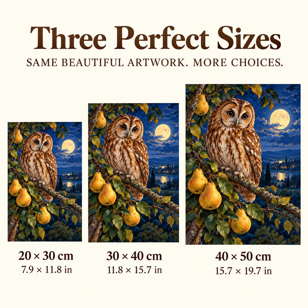 Owl with pears on a moonlit branch: three available canvas sizes