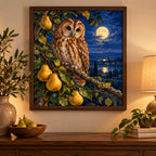 Owl with pears on a moonlit branch: displayed as home wall decor