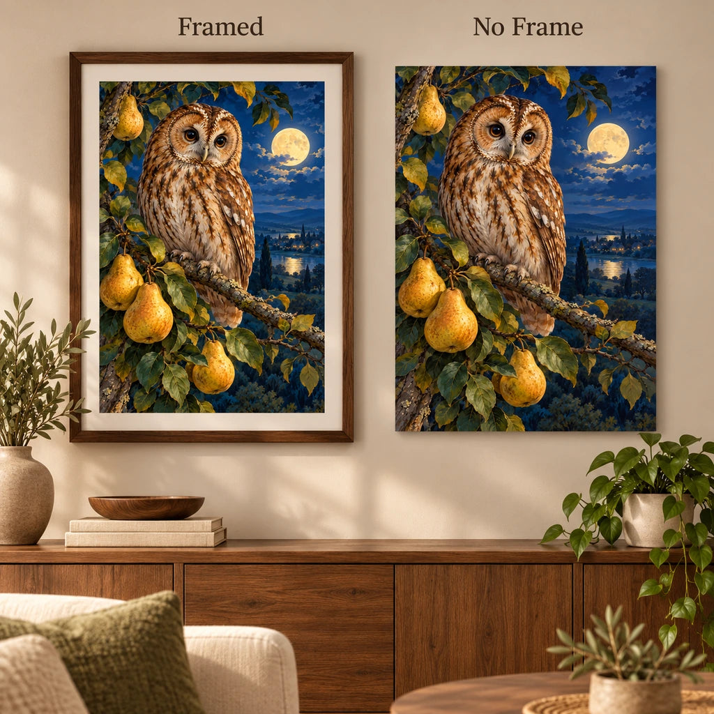 Owl with pears on a moonlit branch: framed and no-frame style comparison